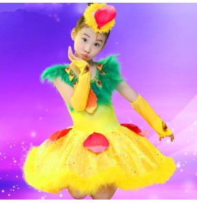 Pink yellow gold feather girls kids child children toddlers growth school play cos play peacock performance modern dance jazz dance dresses outfits